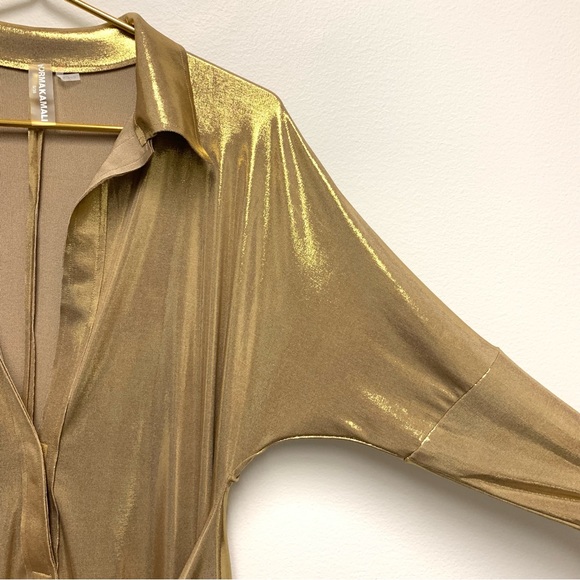 Norma Kamali TY Tie Front NK Shirt Mini Dress Size Small Gold Metallic NWOT $185 - Picture 8 of 14